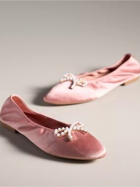 Jeffrey Campbell Pink Velvet Pearl Bow Flats
